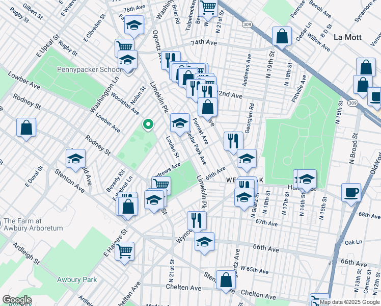 map of restaurants, bars, coffee shops, grocery stores, and more near 7007 Limekiln Pike in Philadelphia