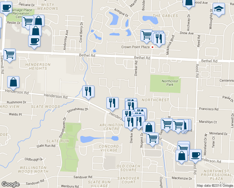 map of restaurants, bars, coffee shops, grocery stores, and more near 2190 Country Corner Drive in Columbus
