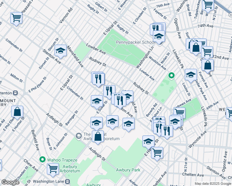 map of restaurants, bars, coffee shops, grocery stores, and more near 1419 Washington Lane in Philadelphia