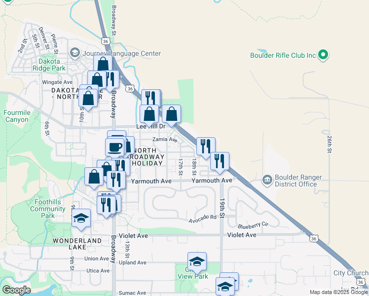 map of restaurants, bars, coffee shops, grocery stores, and more near 1708 Zamia Place in Boulder
