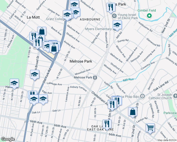 map of restaurants, bars, coffee shops, grocery stores, and more near 905 Valley Road in Elkins Park