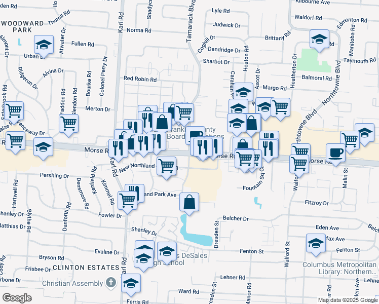 map of restaurants, bars, coffee shops, grocery stores, and more near Morse Rd & Tamarack Blvd in Columbus