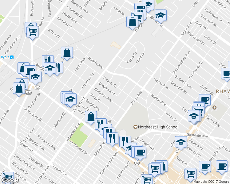 map of restaurants, bars, coffee shops, grocery stores, and more near 1427 Oakmont St in Philadelphia