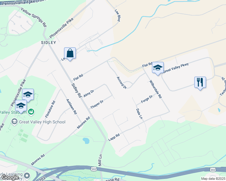 map of restaurants, bars, coffee shops, grocery stores, and more near 21 Almy Drive in Malvern