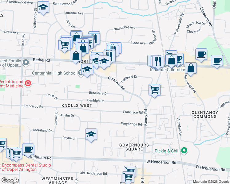 map of restaurants, bars, coffee shops, grocery stores, and more near 1282 Bradshire Drive in Columbus