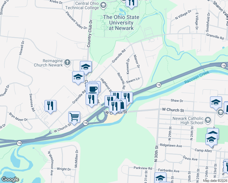 map of restaurants, bars, coffee shops, grocery stores, and more near 572 Highland Boulevard in Newark