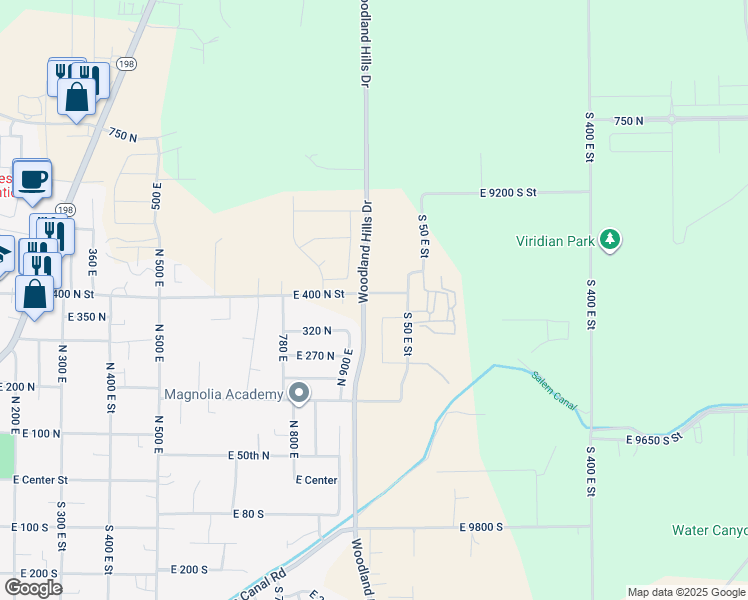map of restaurants, bars, coffee shops, grocery stores, and more near 974 East 400 North Street in Salem