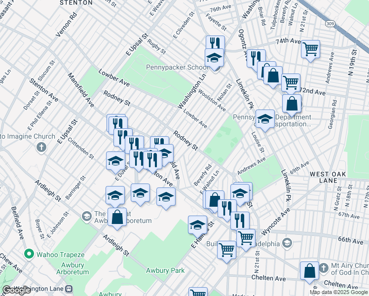 map of restaurants, bars, coffee shops, grocery stores, and more near 1547 East Tulpehocken Street in Philadelphia