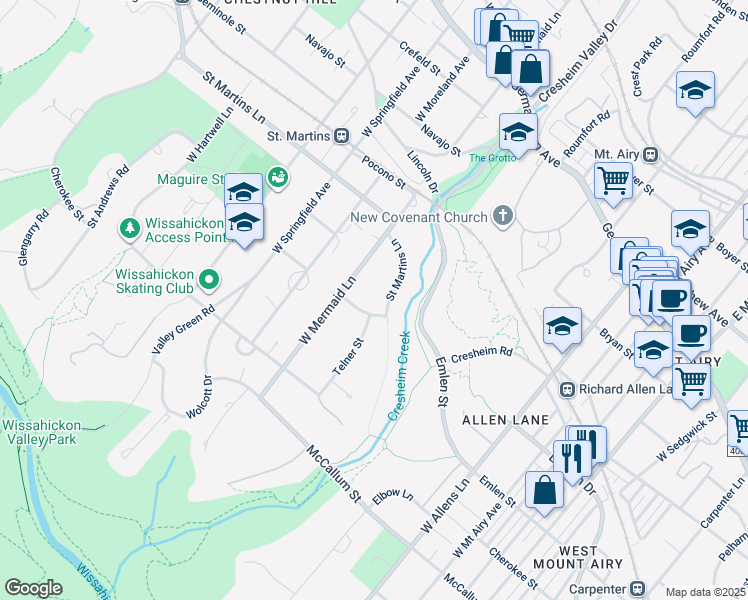 map of restaurants, bars, coffee shops, grocery stores, and more near 7502 Saint Martins Lane in Philadelphia