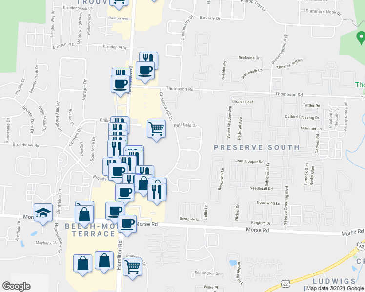 map of restaurants, bars, coffee shops, grocery stores, and more near 6140 Brenthurst Dr in Columbus
