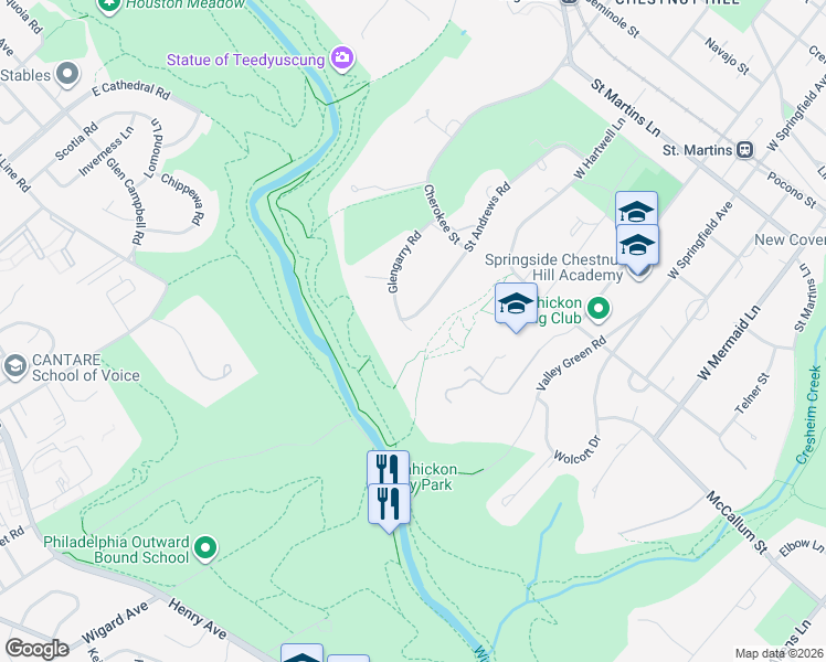 map of restaurants, bars, coffee shops, grocery stores, and more near 732 Saint Andrews Road in Philadelphia