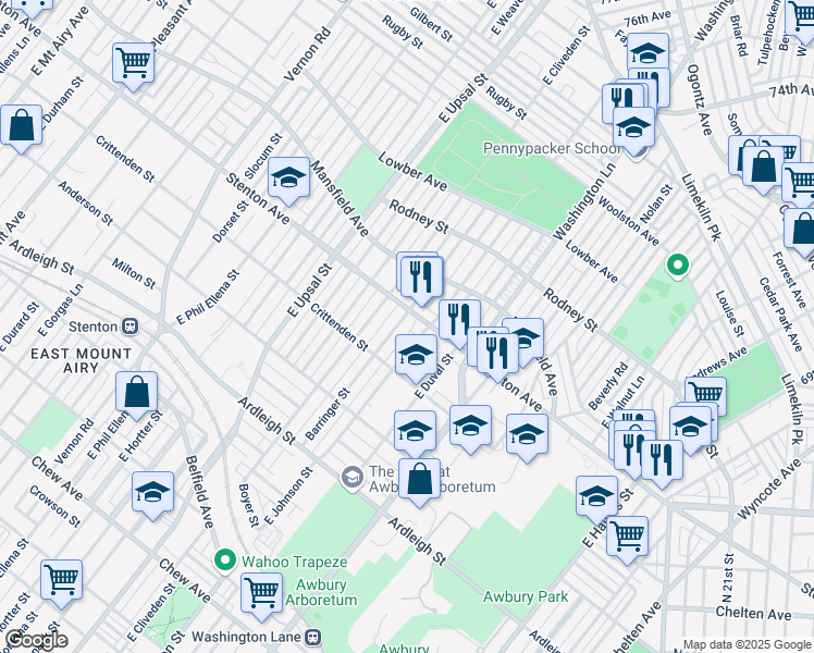 map of restaurants, bars, coffee shops, grocery stores, and more near 1334 Barringer Street in Philadelphia