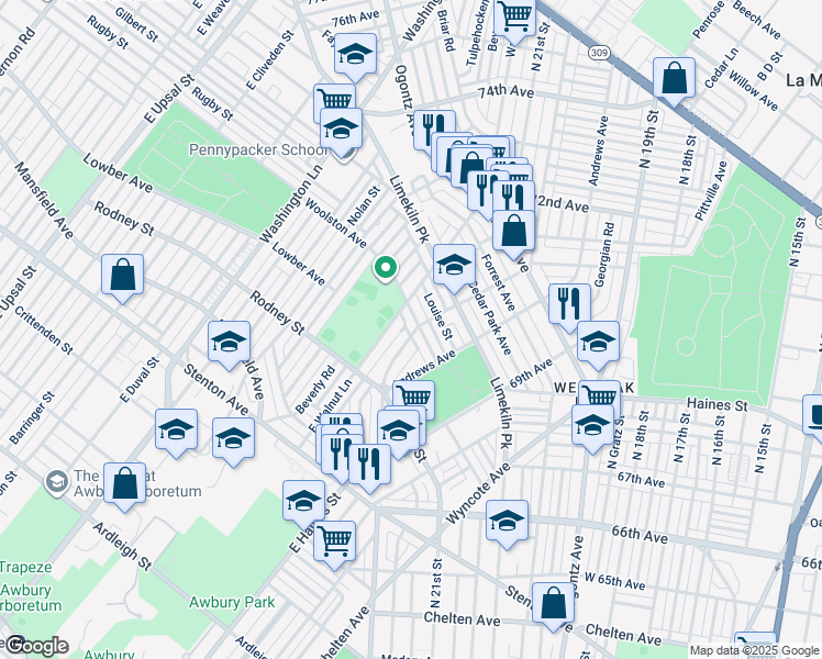 map of restaurants, bars, coffee shops, grocery stores, and more near 7100 Woolston Avenue in Philadelphia