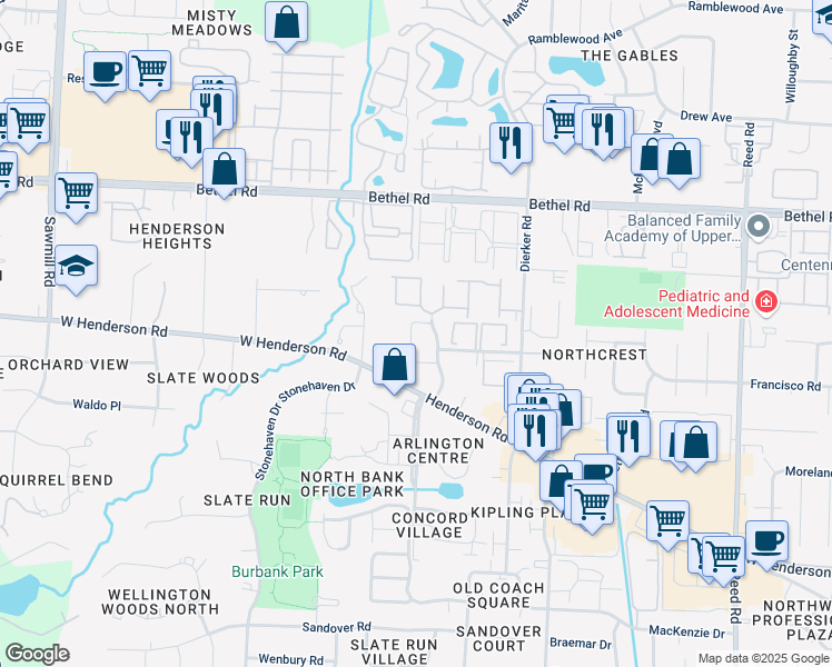 map of restaurants, bars, coffee shops, grocery stores, and more near 5117 Cobblestone Drive in Columbus