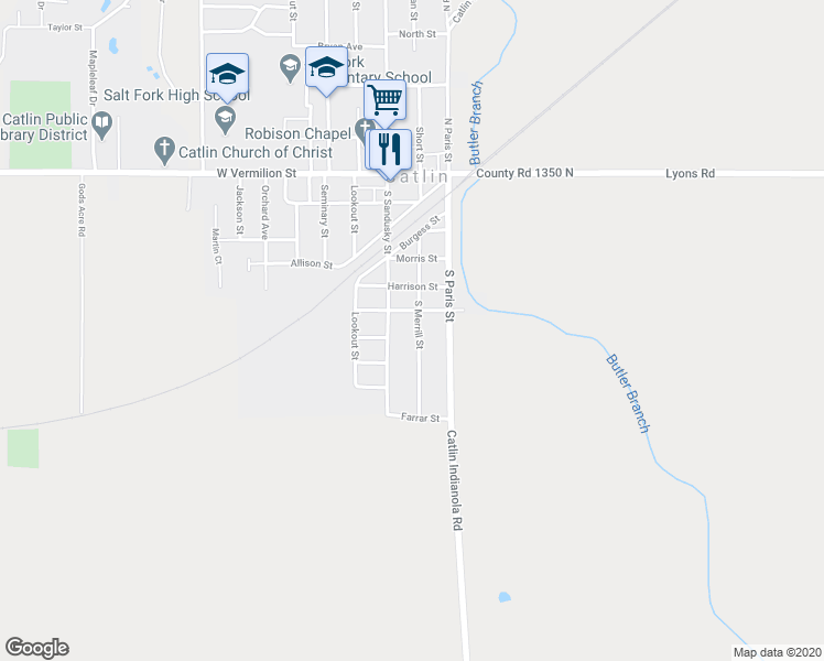 map of restaurants, bars, coffee shops, grocery stores, and more near 418 South Merrill Street in Catlin