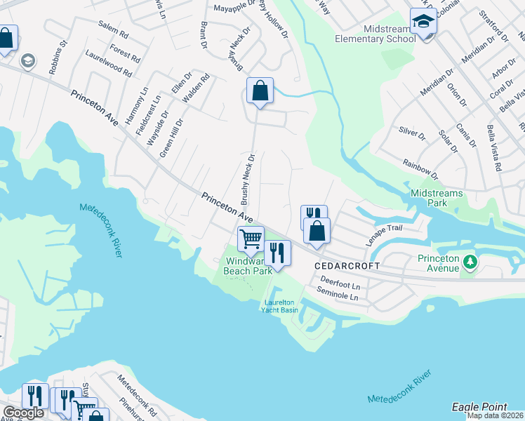 map of restaurants, bars, coffee shops, grocery stores, and more near 3 Brushy Neck Drive in Brick Township