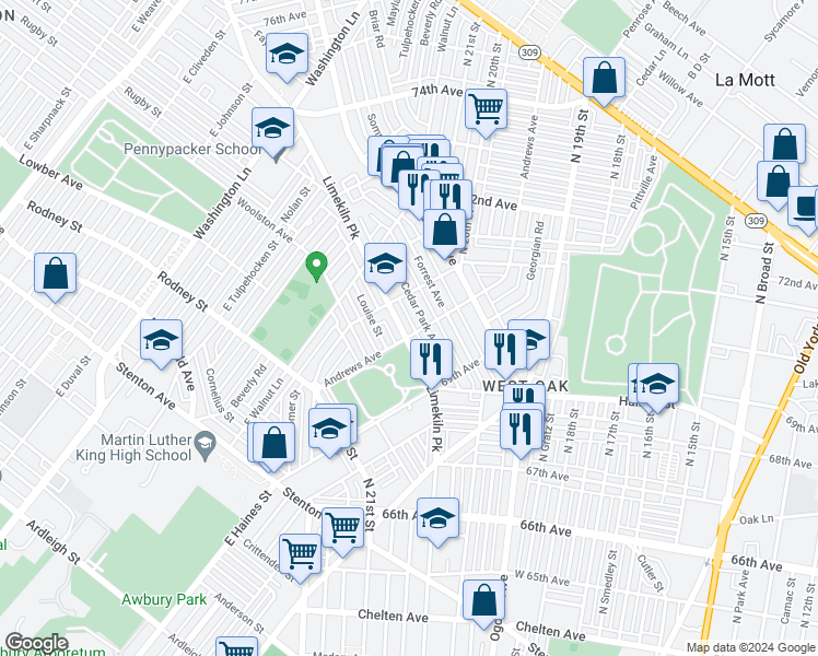 map of restaurants, bars, coffee shops, grocery stores, and more near 7007 Limekiln Pike in Philadelphia