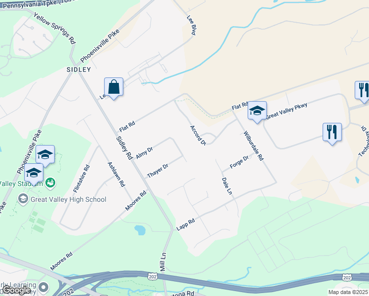 map of restaurants, bars, coffee shops, grocery stores, and more near 21 Almy Drive in Malvern