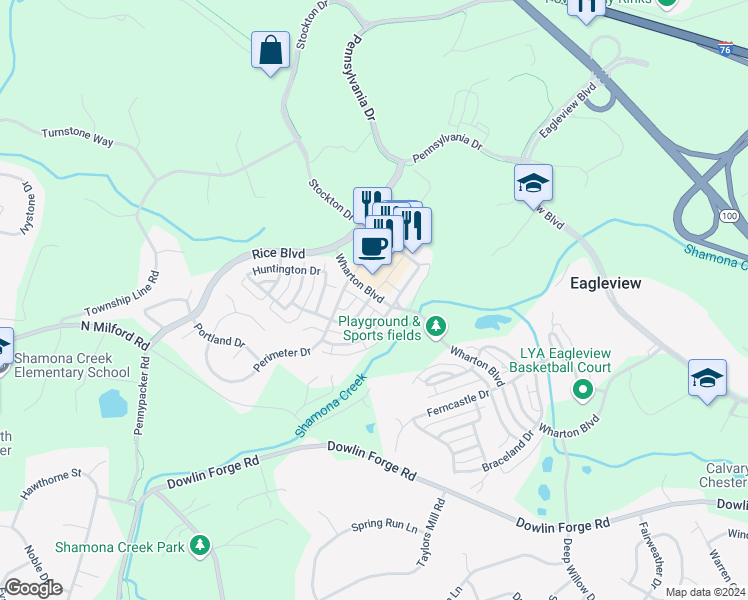 map of restaurants, bars, coffee shops, grocery stores, and more near 617 Wharton Boulevard in Exton
