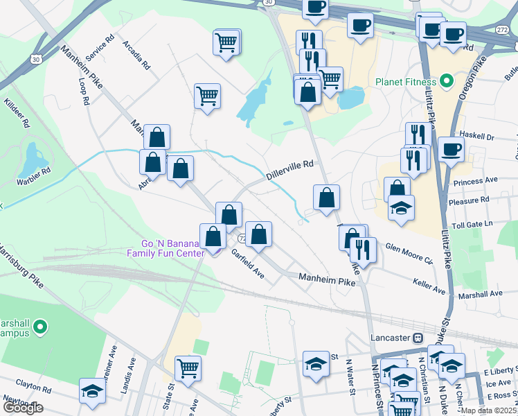 map of restaurants, bars, coffee shops, grocery stores, and more near 1135 Dillerville Road in Lancaster