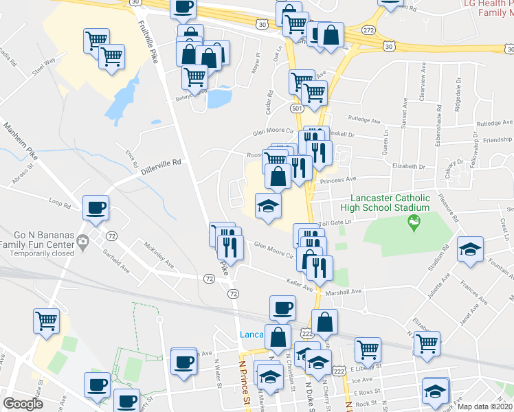 map of restaurants, bars, coffee shops, grocery stores, and more near 1296 Lititz Pike in Lancaster