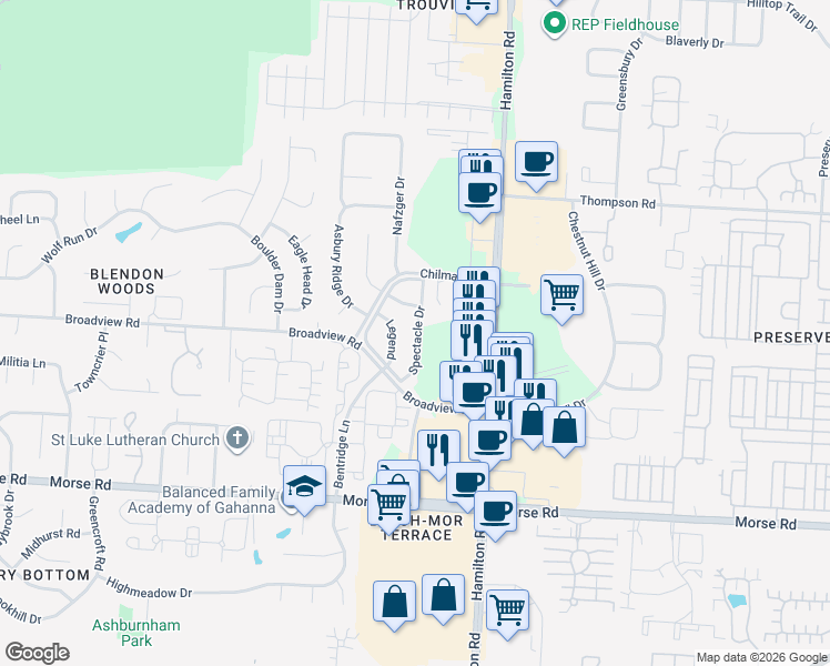 map of restaurants, bars, coffee shops, grocery stores, and more near 4001 Spectacle Drive in Columbus