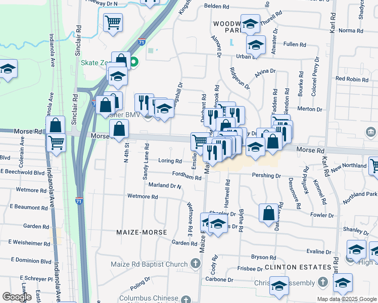 map of restaurants, bars, coffee shops, grocery stores, and more near 1128 Loring Road in Columbus