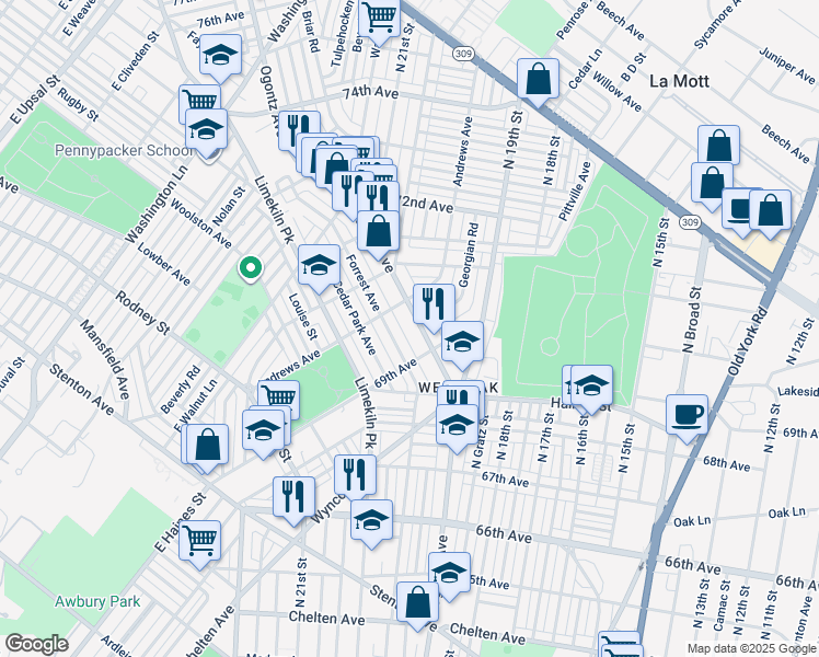 map of restaurants, bars, coffee shops, grocery stores, and more near 6936 Ogontz Avenue in Philadelphia
