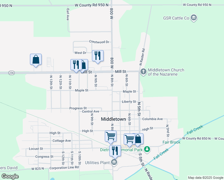 map of restaurants, bars, coffee shops, grocery stores, and more near 800 Maple Street in Middletown
