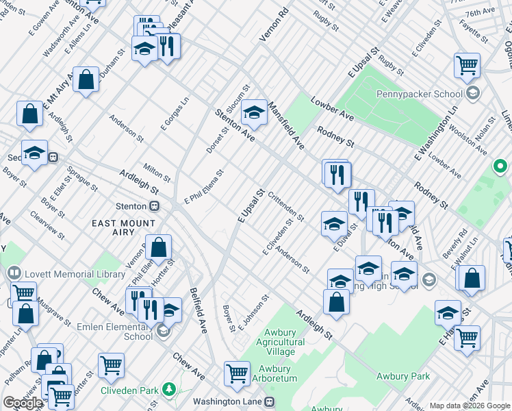 map of restaurants, bars, coffee shops, grocery stores, and more near 718 East Upsal Street in Philadelphia