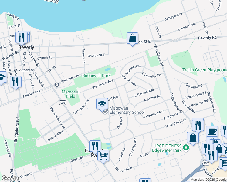map of restaurants, bars, coffee shops, grocery stores, and more near 210 East Franklin Avenue in Beverly