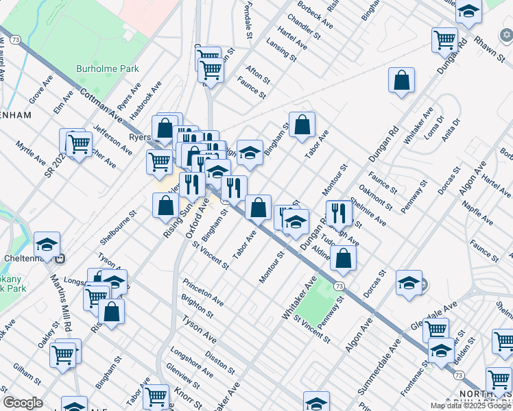 map of restaurants, bars, coffee shops, grocery stores, and more near 7315 Lawndale Avenue in Philadelphia