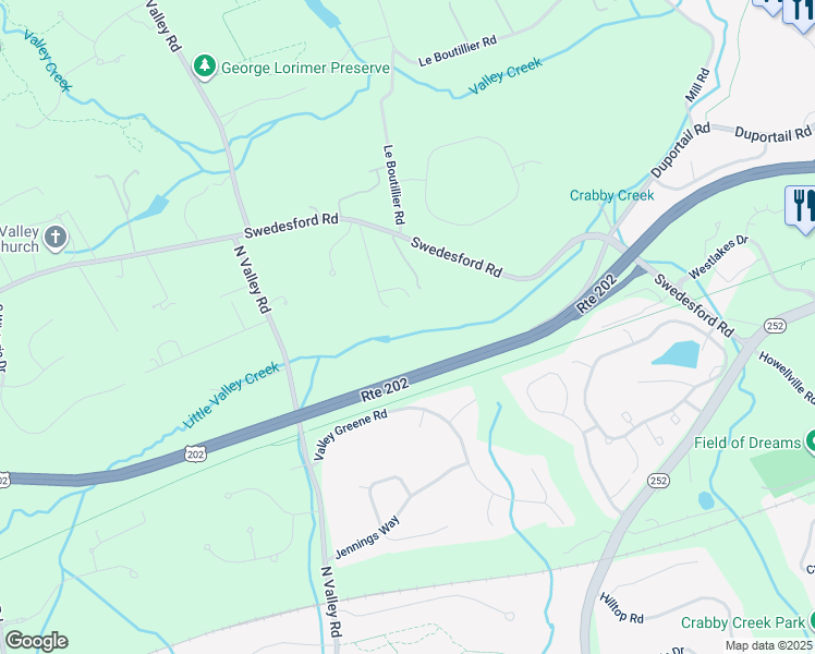 map of restaurants, bars, coffee shops, grocery stores, and more near 1660 Hidden Way in Malvern
