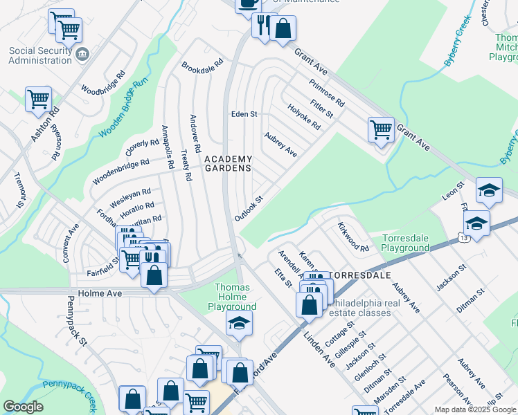 map of restaurants, bars, coffee shops, grocery stores, and more near 9225 Outlook Avenue in Philadelphia