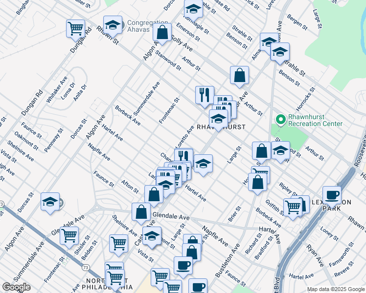 map of restaurants, bars, coffee shops, grocery stores, and more near 7911 Loretto Avenue in Philadelphia