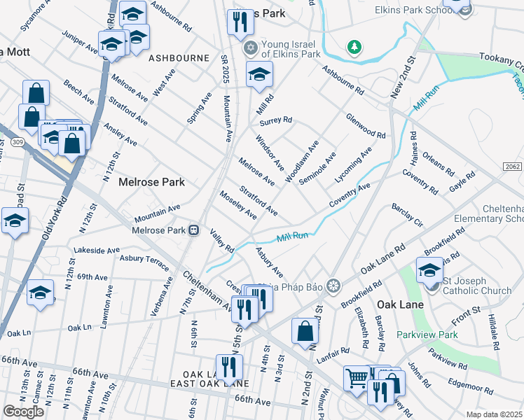 map of restaurants, bars, coffee shops, grocery stores, and more near 7416 Woodlawn Avenue in Melrose Park