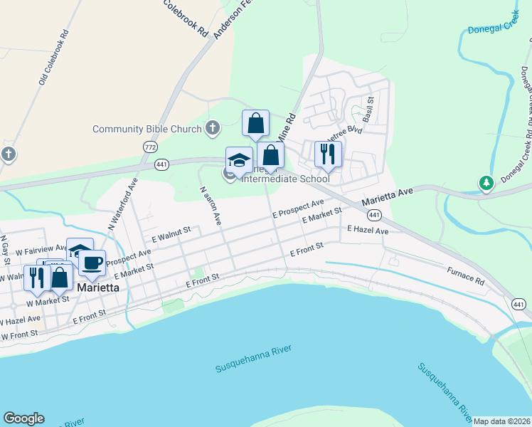 map of restaurants, bars, coffee shops, grocery stores, and more near 22 N Bank St in Marietta