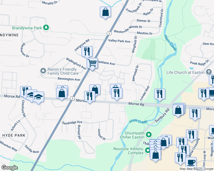 map of restaurants, bars, coffee shops, grocery stores, and more near 321 Cricket Place in Columbus