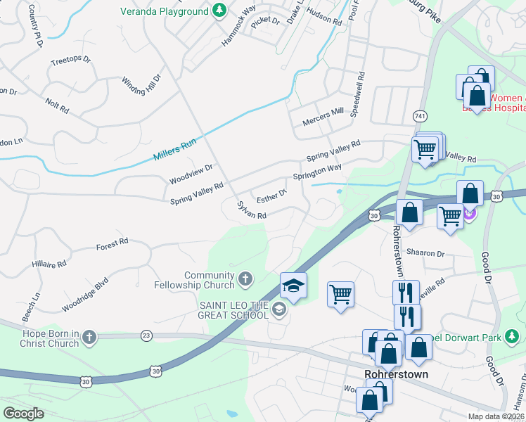 map of restaurants, bars, coffee shops, grocery stores, and more near 839 Sylvan Rd in Lancaster