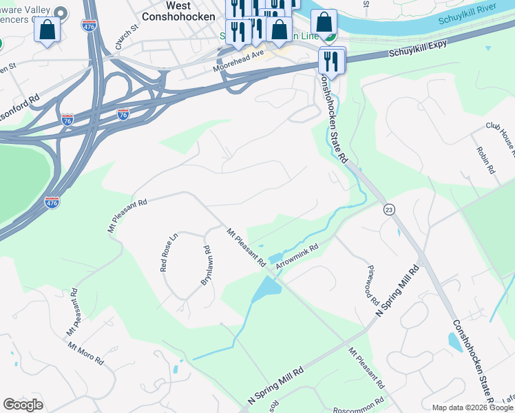 map of restaurants, bars, coffee shops, grocery stores, and more near 1301 Prospect Hill Road in Villanova