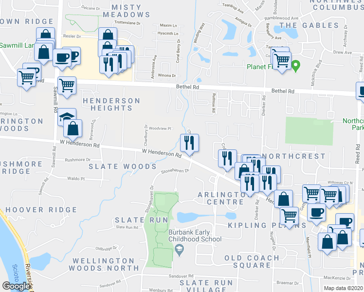map of restaurants, bars, coffee shops, grocery stores, and more near 3342 Henderson Road in Columbus