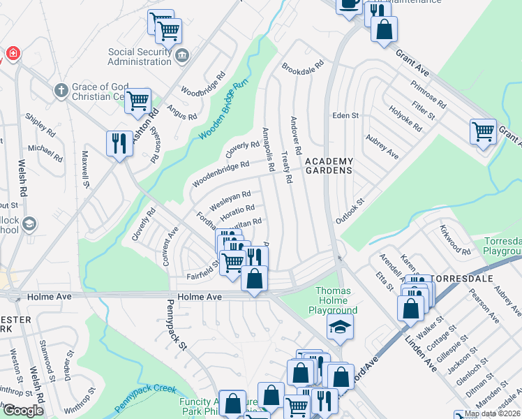 map of restaurants, bars, coffee shops, grocery stores, and more near 9233 Horatio Road in Philadelphia