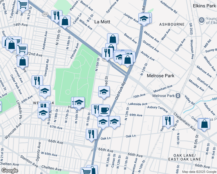 map of restaurants, bars, coffee shops, grocery stores, and more near 7033R North Broad Street in Philadelphia