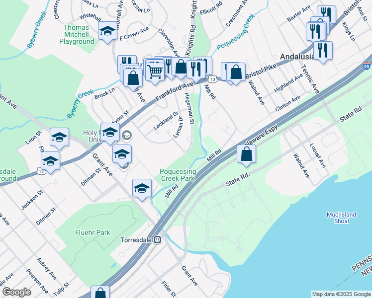 map of restaurants, bars, coffee shops, grocery stores, and more near 4737 Saint Denis Drive in Philadelphia