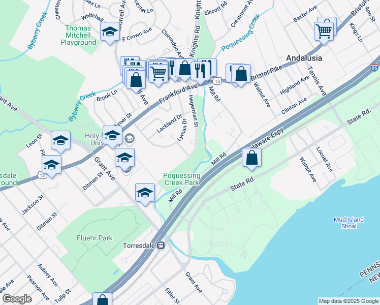 map of restaurants, bars, coffee shops, grocery stores, and more near 4737 Saint Denis Drive in Philadelphia