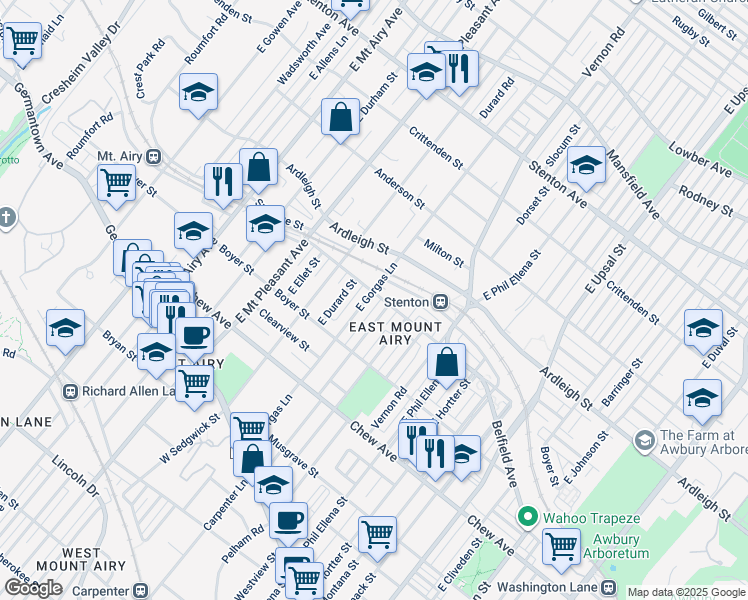 map of restaurants, bars, coffee shops, grocery stores, and more near 366 East Gorgas Lane in Philadelphia