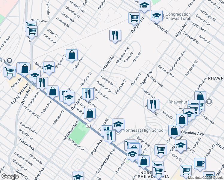 map of restaurants, bars, coffee shops, grocery stores, and more near 1425 Oakmont Street in Philadelphia
