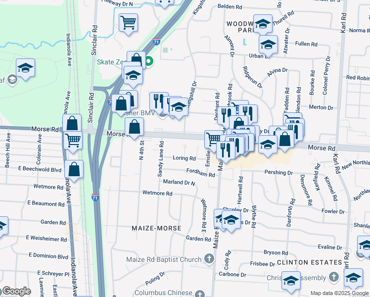 map of restaurants, bars, coffee shops, grocery stores, and more near 1064 Loring Road in Columbus