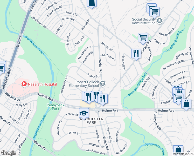 map of restaurants, bars, coffee shops, grocery stores, and more near 2835 Walnut Hill Street in Philadelphia