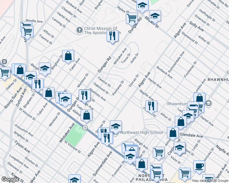 map of restaurants, bars, coffee shops, grocery stores, and more near 1425 Oakmont Street in Philadelphia